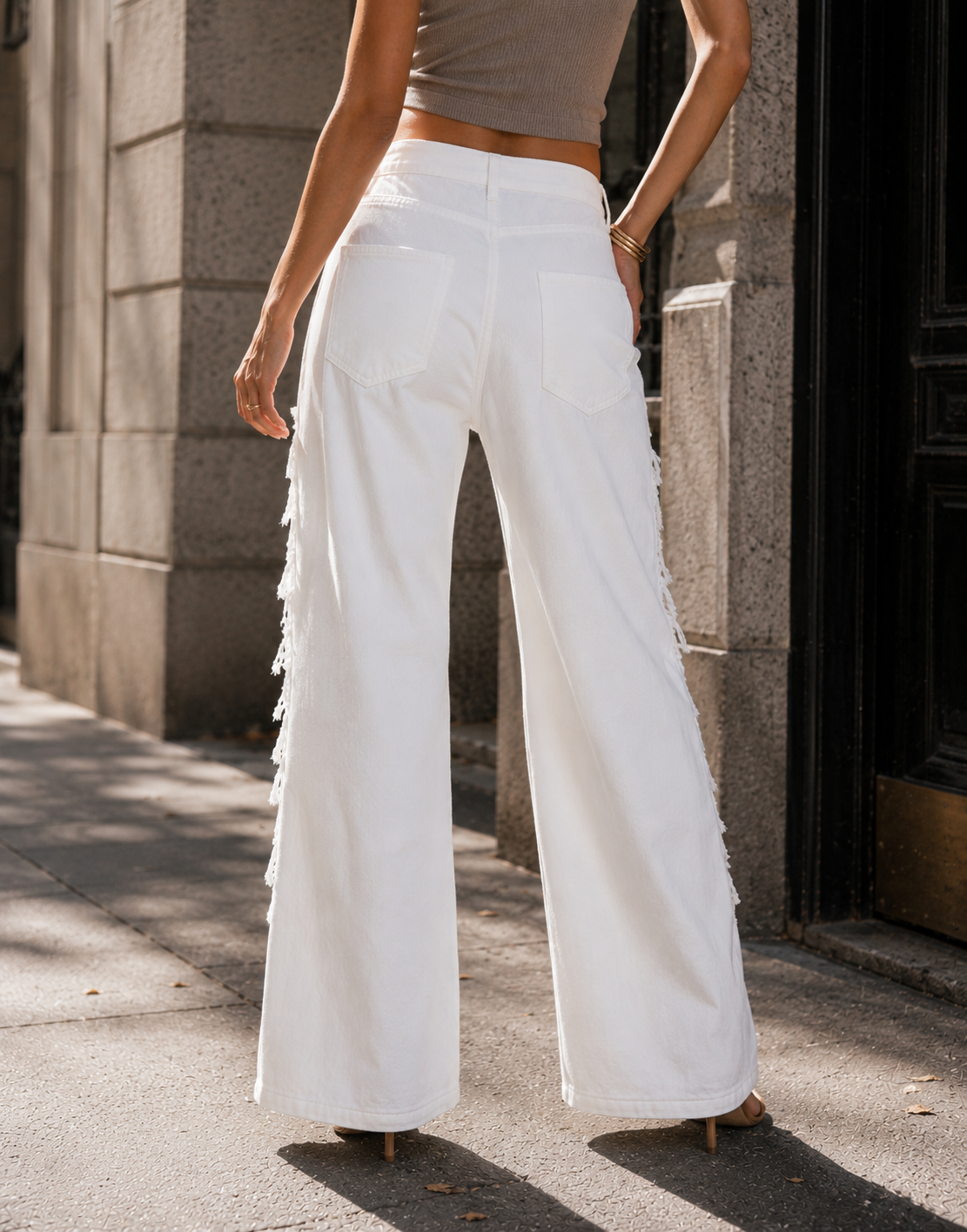 Distressed Lace Detail Pant - White