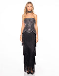 Crystal Lattice Strapless Fringe Maxi Dress - Black