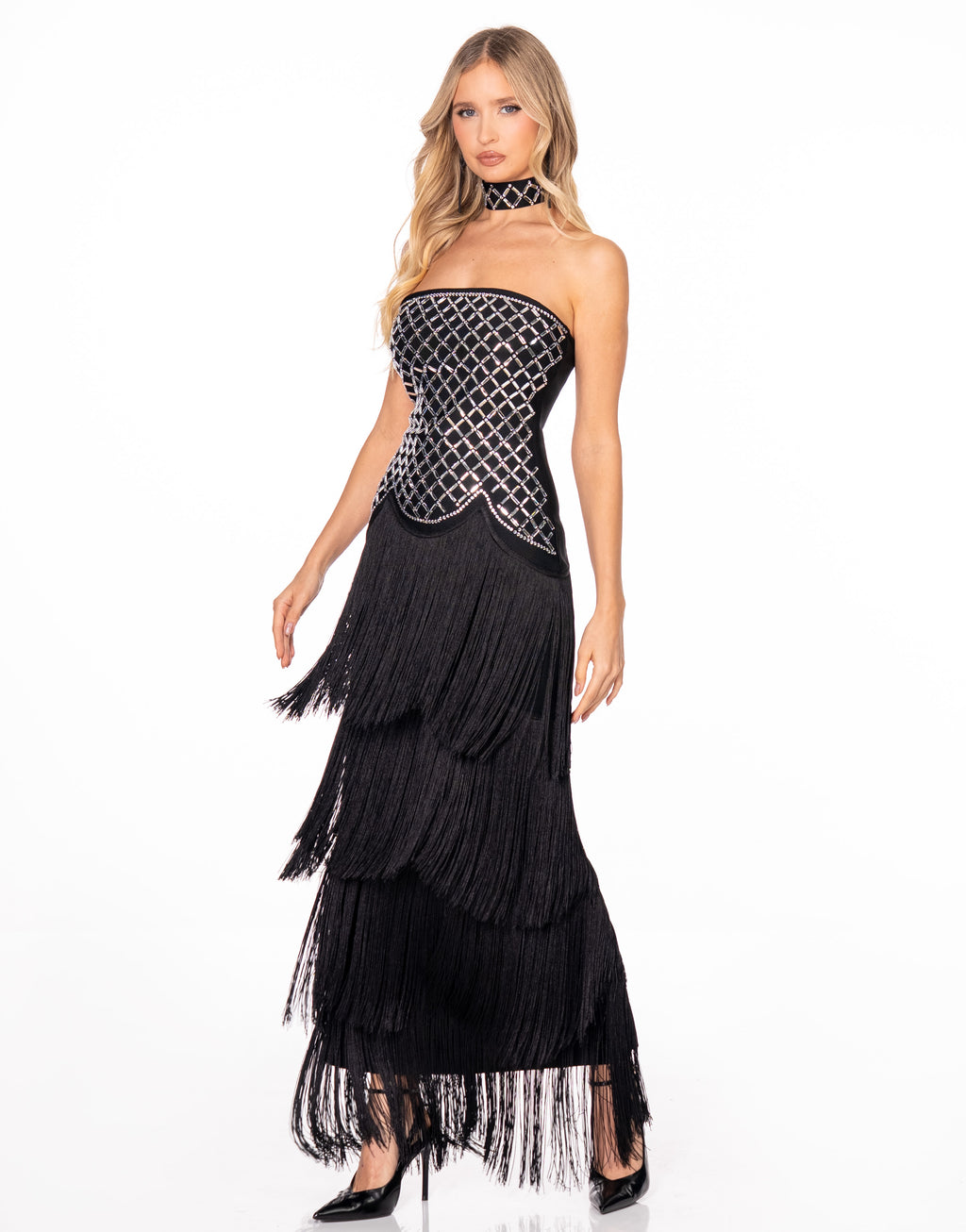 Crystal Lattice Strapless Fringe Maxi Dress - Black