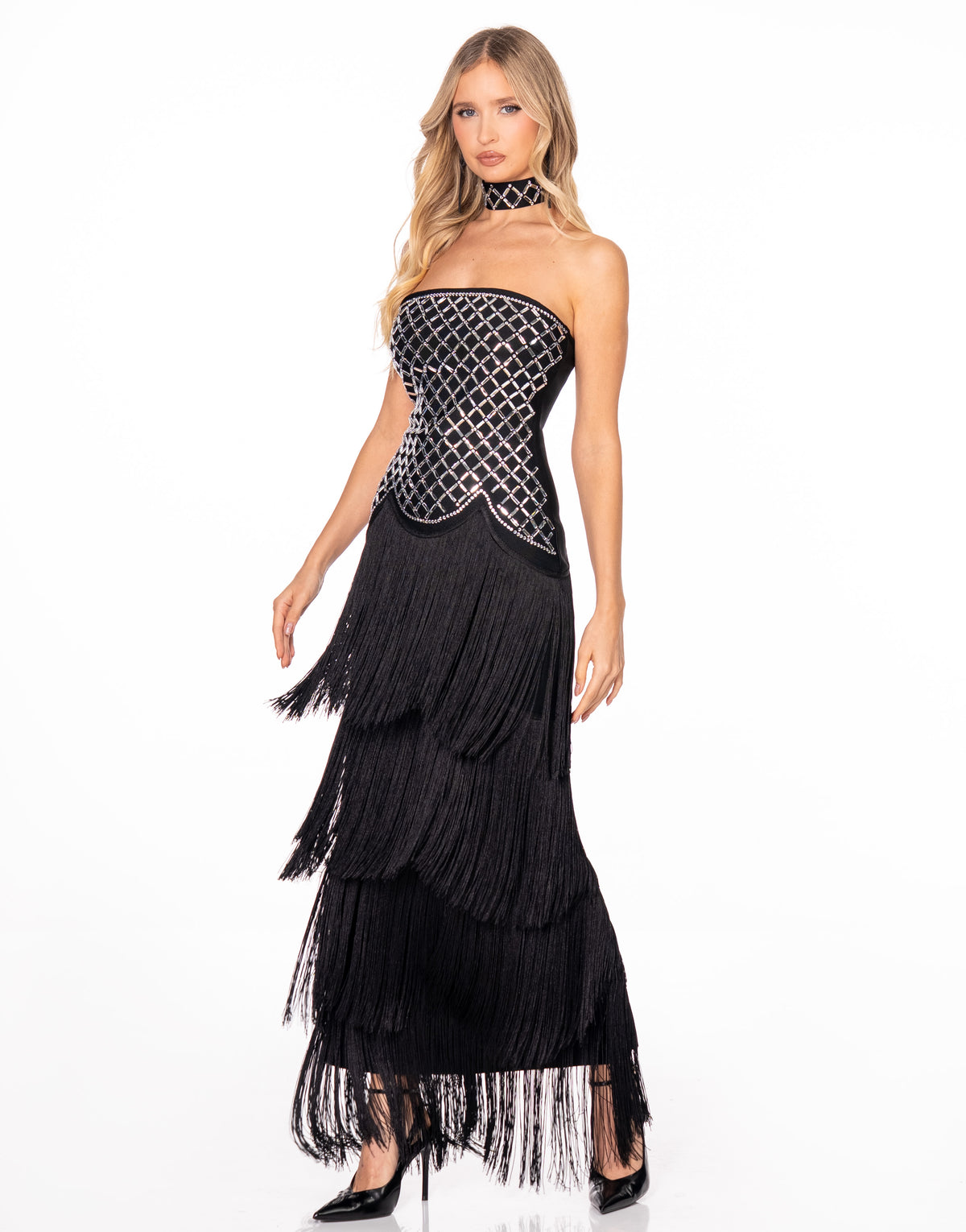 Crystal Lattice Strapless Fringe Maxi Dress - Black