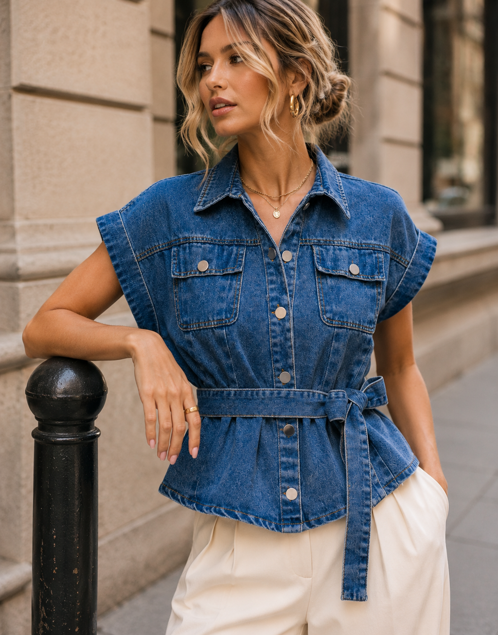 Denim Belted Button-Down Top - Denim