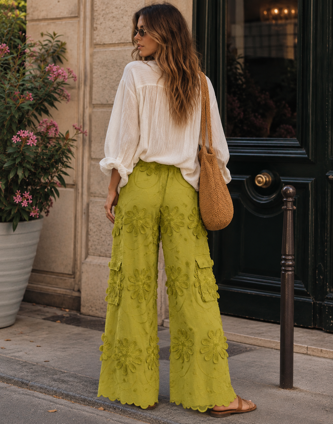 Wide Leg Pant with Embroidery Patchwork - Green