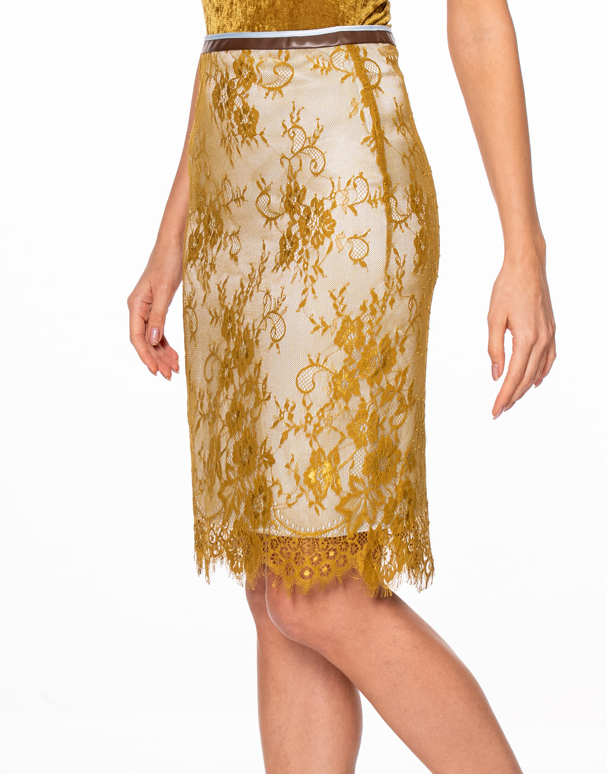 Lace Pencil Midi Skirt - Yellow