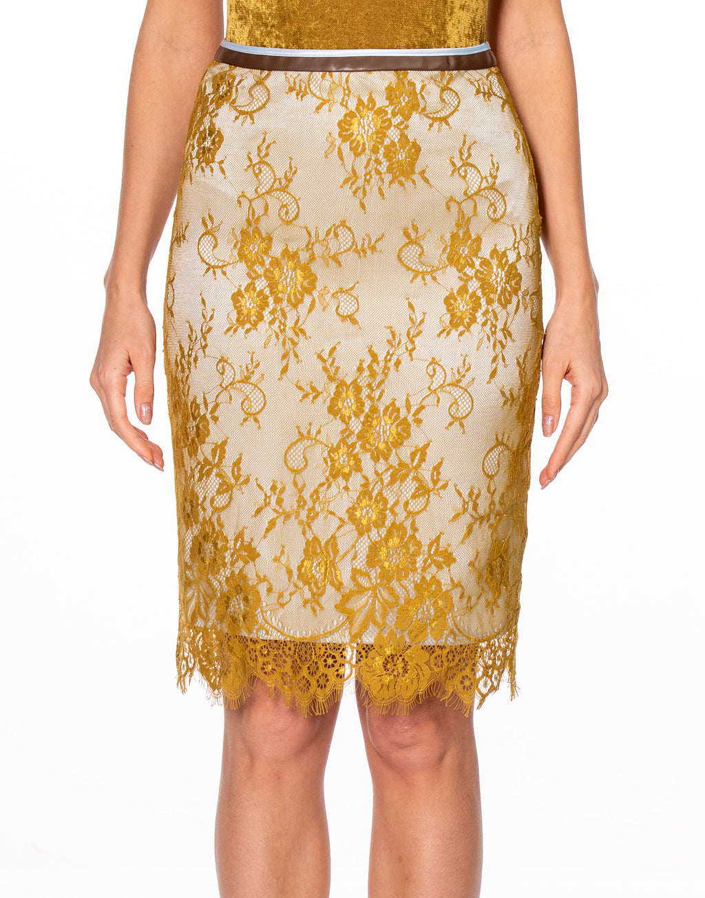 Lace Pencil Midi Skirt - Yellow