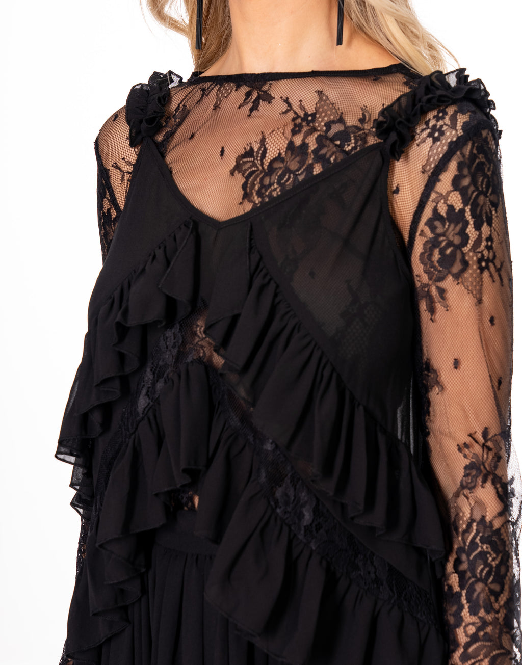 Lace Ruffle Top and Sheer Maxi Skirt Set - Black