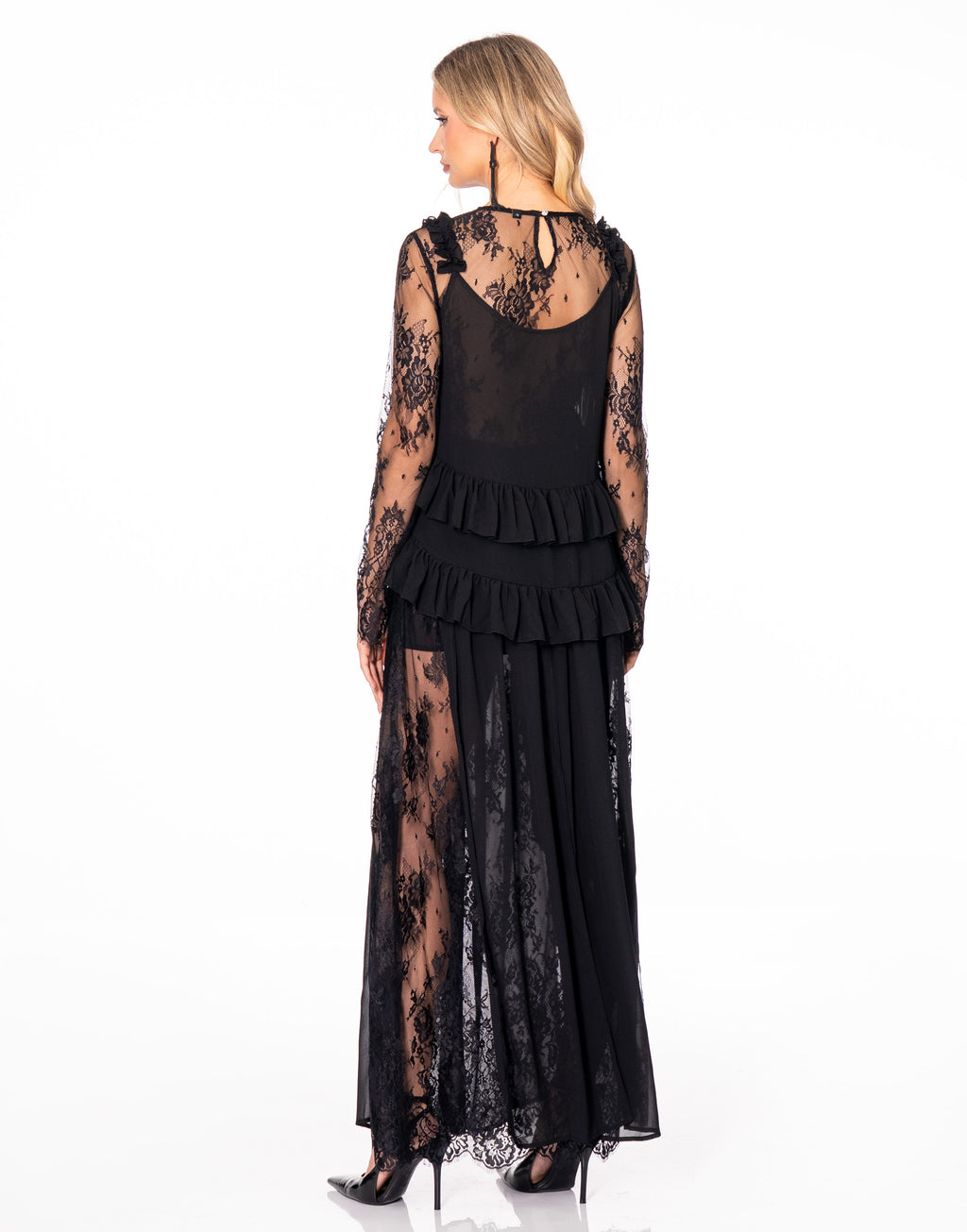 Lace Ruffle Top and Sheer Maxi Skirt Set - Black