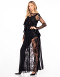 Lace Ruffle Top and Sheer Maxi Skirt Set - Black