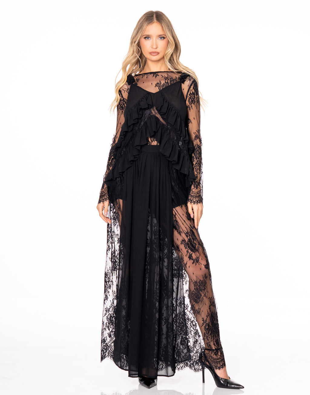 Lace Ruffle Top and Sheer Maxi Skirt Set - Black