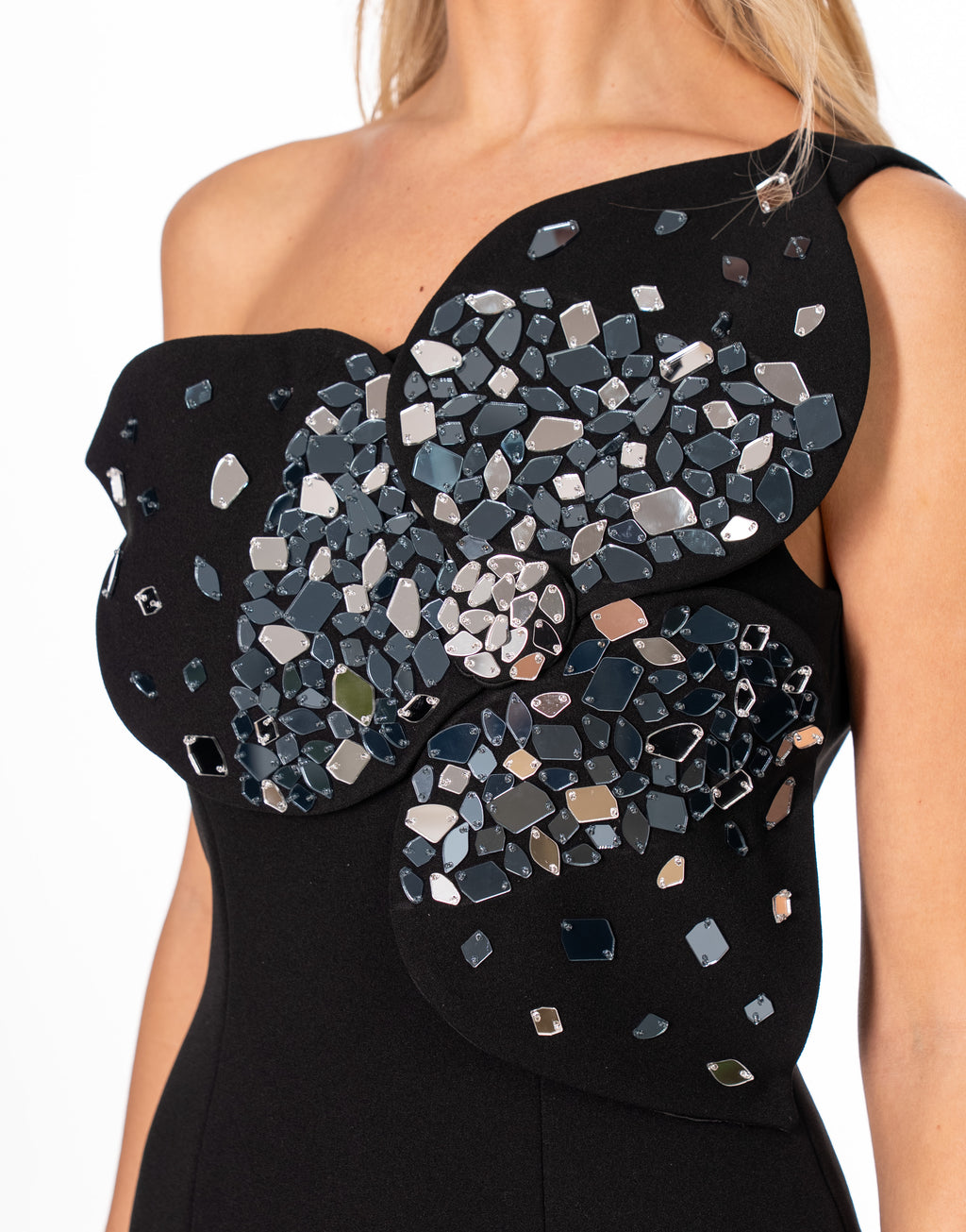Mirror Embellished One Shoulder Mini Dress - Black