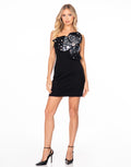 Mirror Embellished One Shoulder Mini Dress - Black