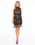 Crochet Fringe High Neck Mini Dress - Black