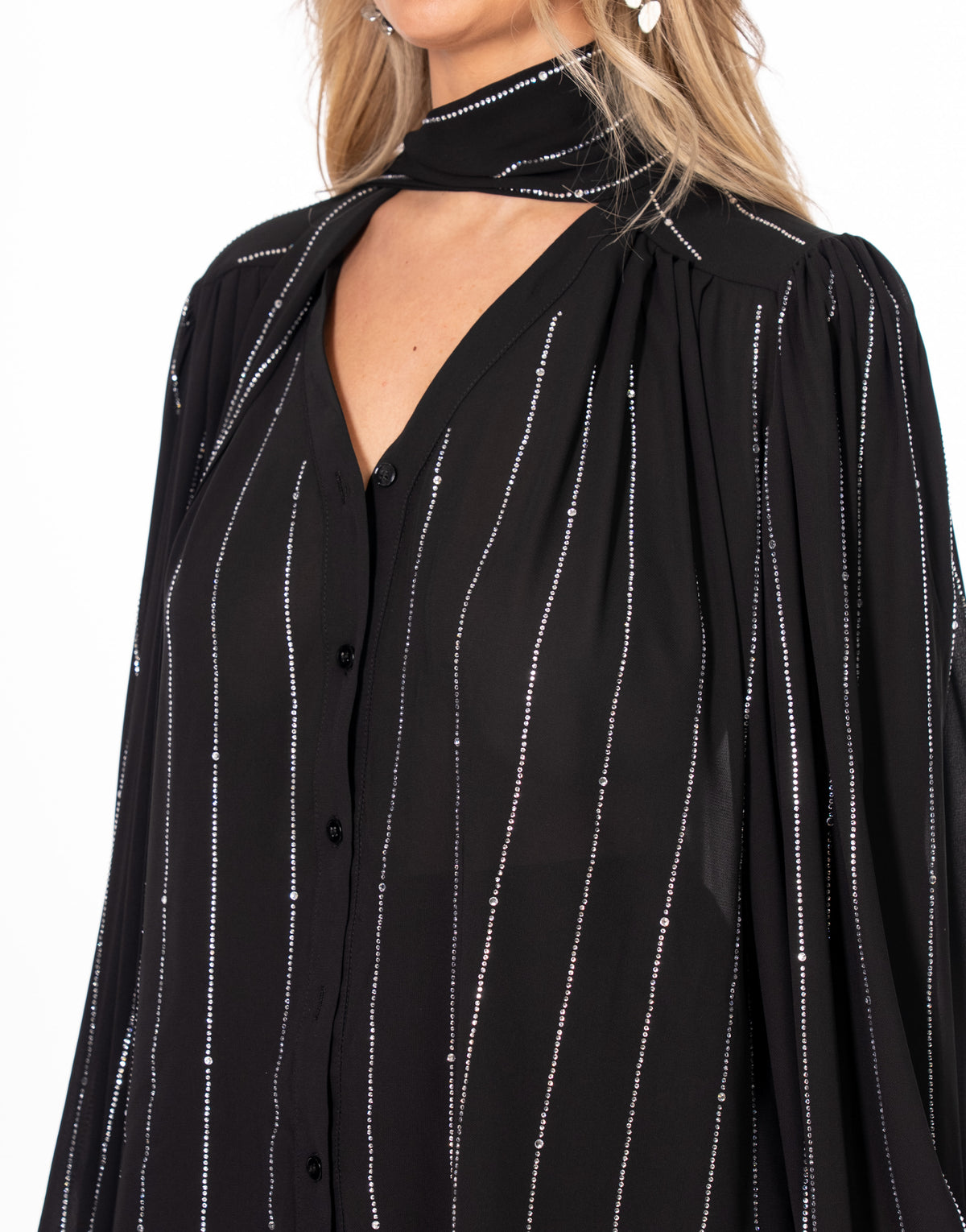 Rhinestone Pinstripe Scarf Neck Long Sleeve Blouse - Black