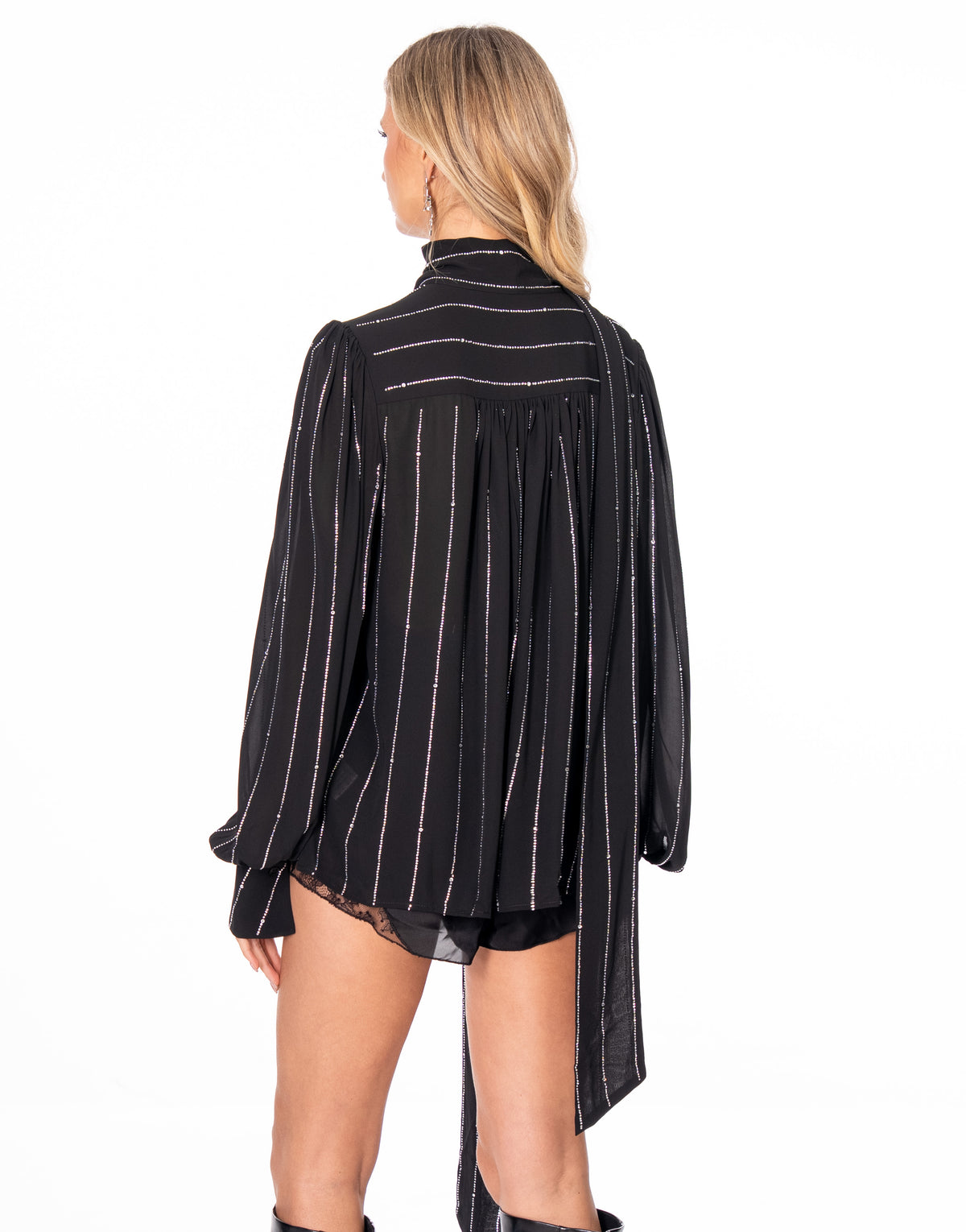 Rhinestone Pinstripe Scarf Neck Long Sleeve Blouse - Black