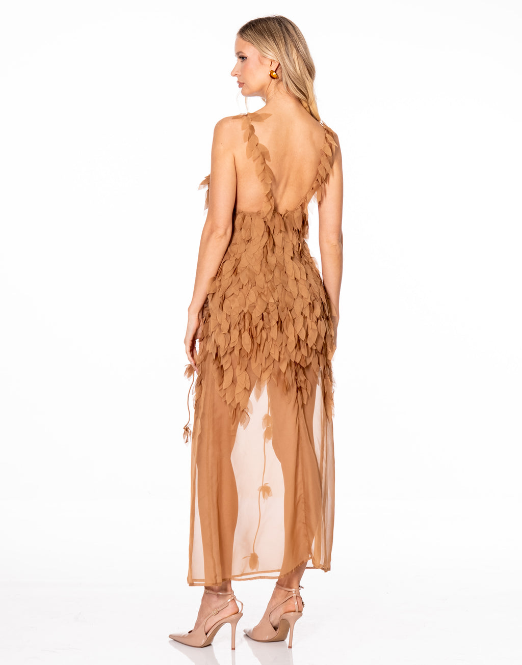 Leaf Applique Sheer Chiffon Maxi Dress - Brown