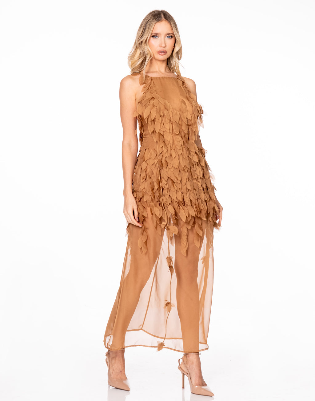 Leaf Applique Sheer Chiffon Maxi Dress - Brown