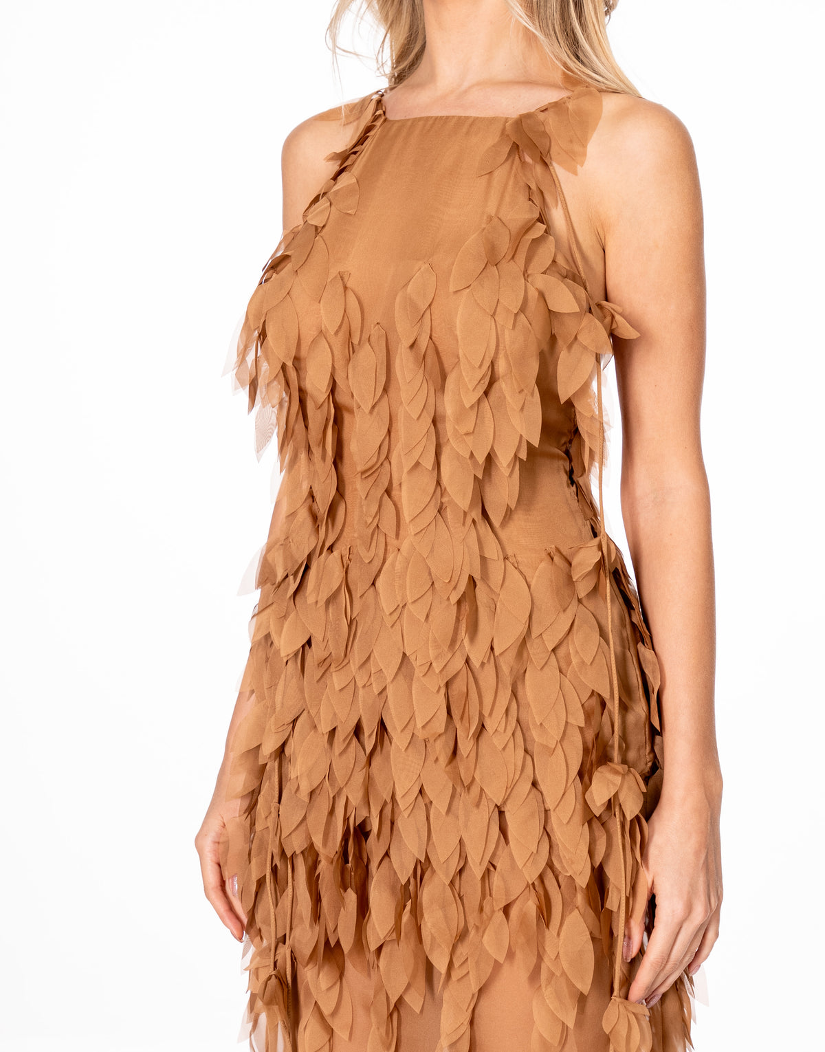 Leaf Applique Sheer Chiffon Maxi Dress - Brown