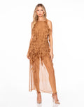 Leaf Applique Sheer Chiffon Maxi Dress - Brown