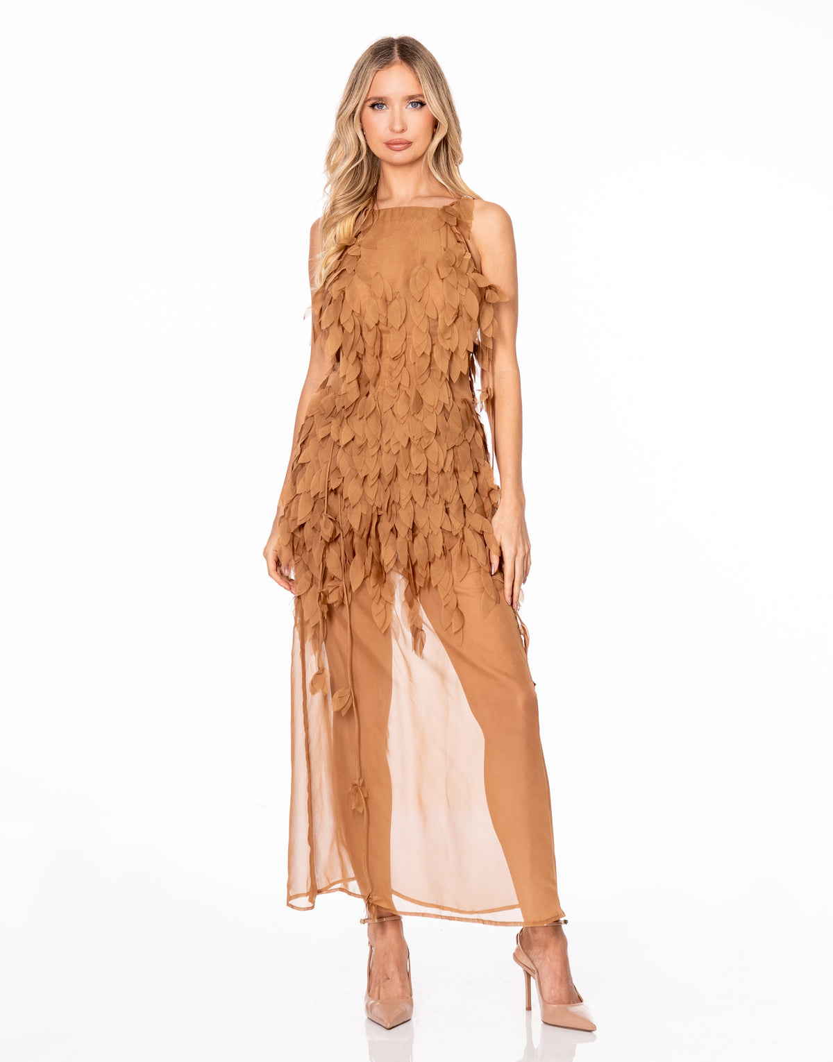 Leaf Applique Sheer Chiffon Maxi Dress - Brown