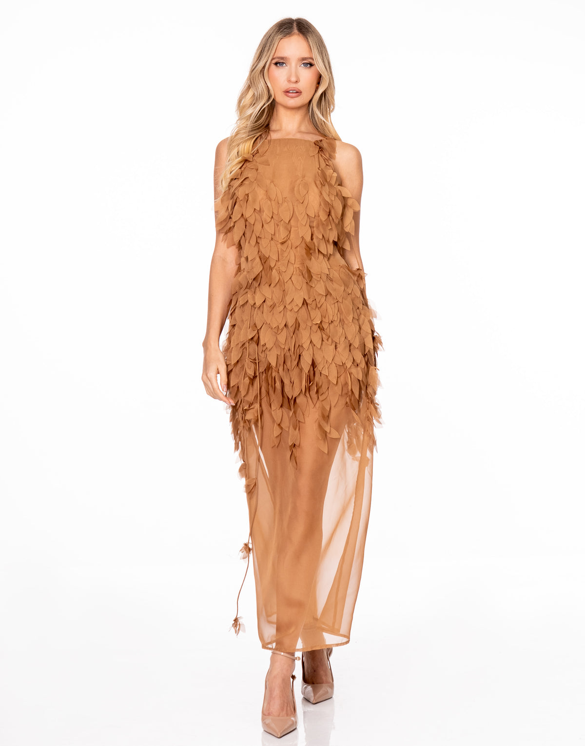Leaf Applique Sheer Chiffon Maxi Dress - Brown