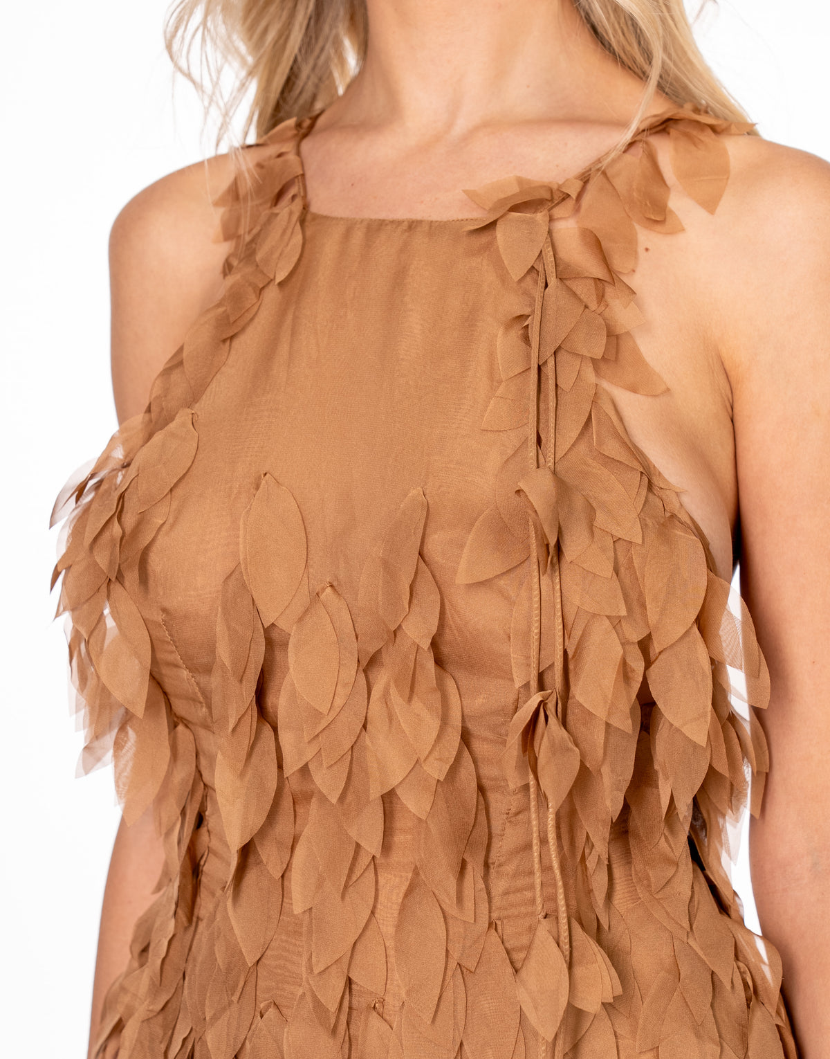 Leaf Applique Chiffon Mini Dress - Brown