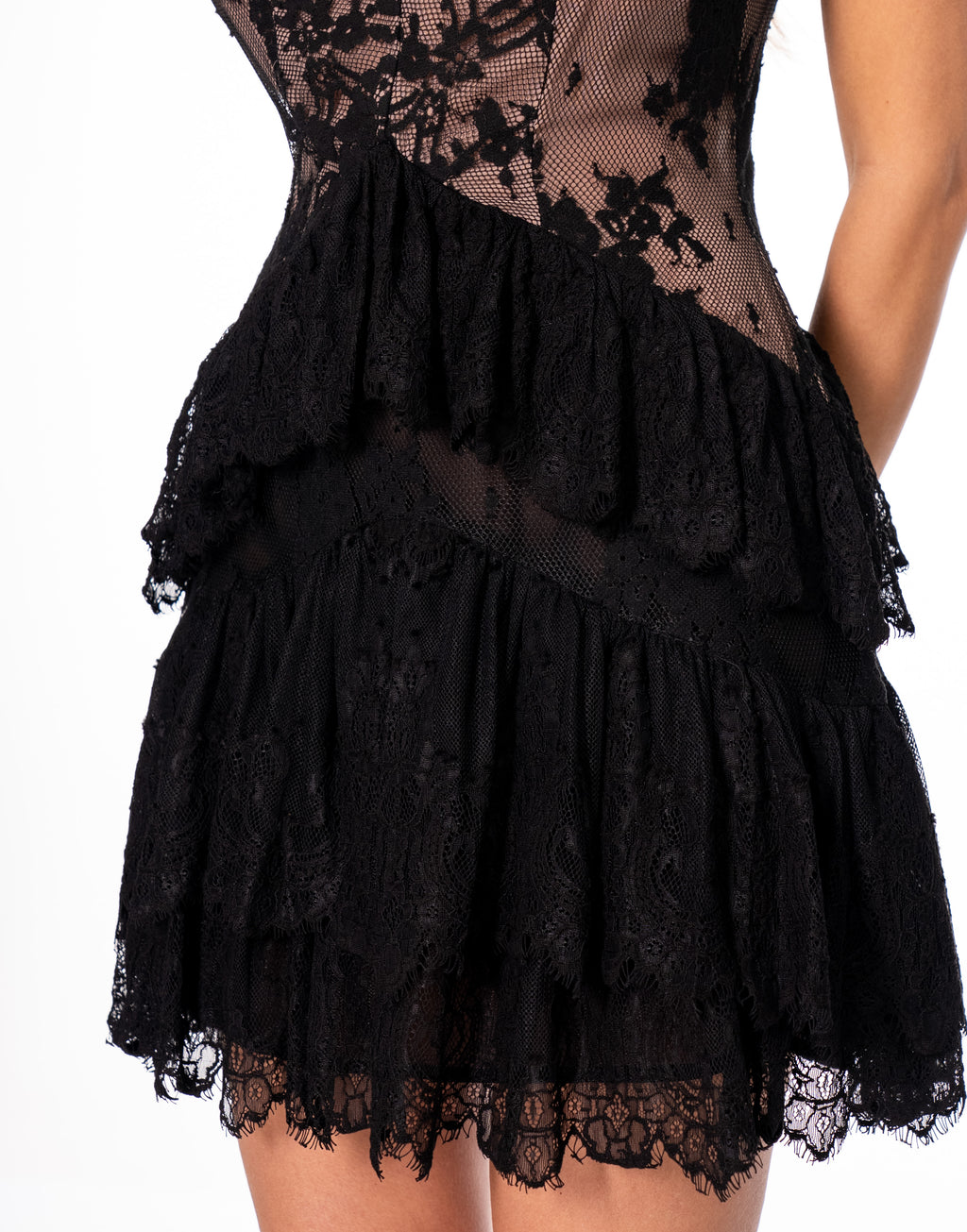 Lace Ruffle Tier Mini Slip Dress - Black