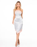 Satin Lace Trim Strapless Midi Dress - Blue
