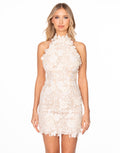 Guipure Floral Lace Halter Mini Dress - Beige