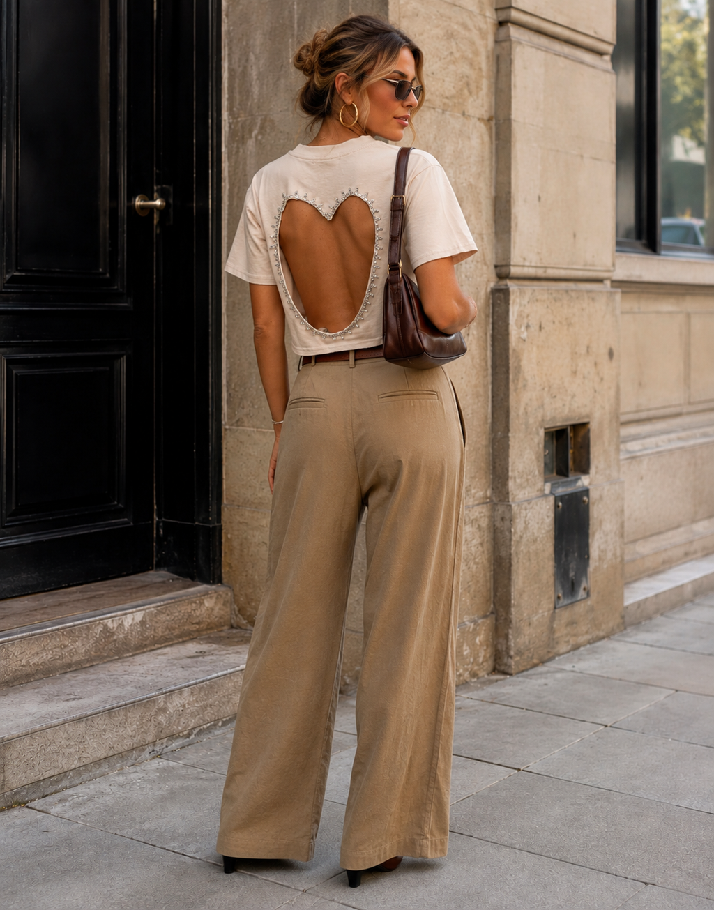 Heart-Cutout Crop Tee - Apricot