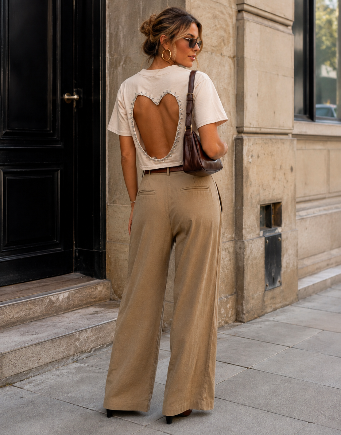 Heart-Cutout Crop Tee - Apricot