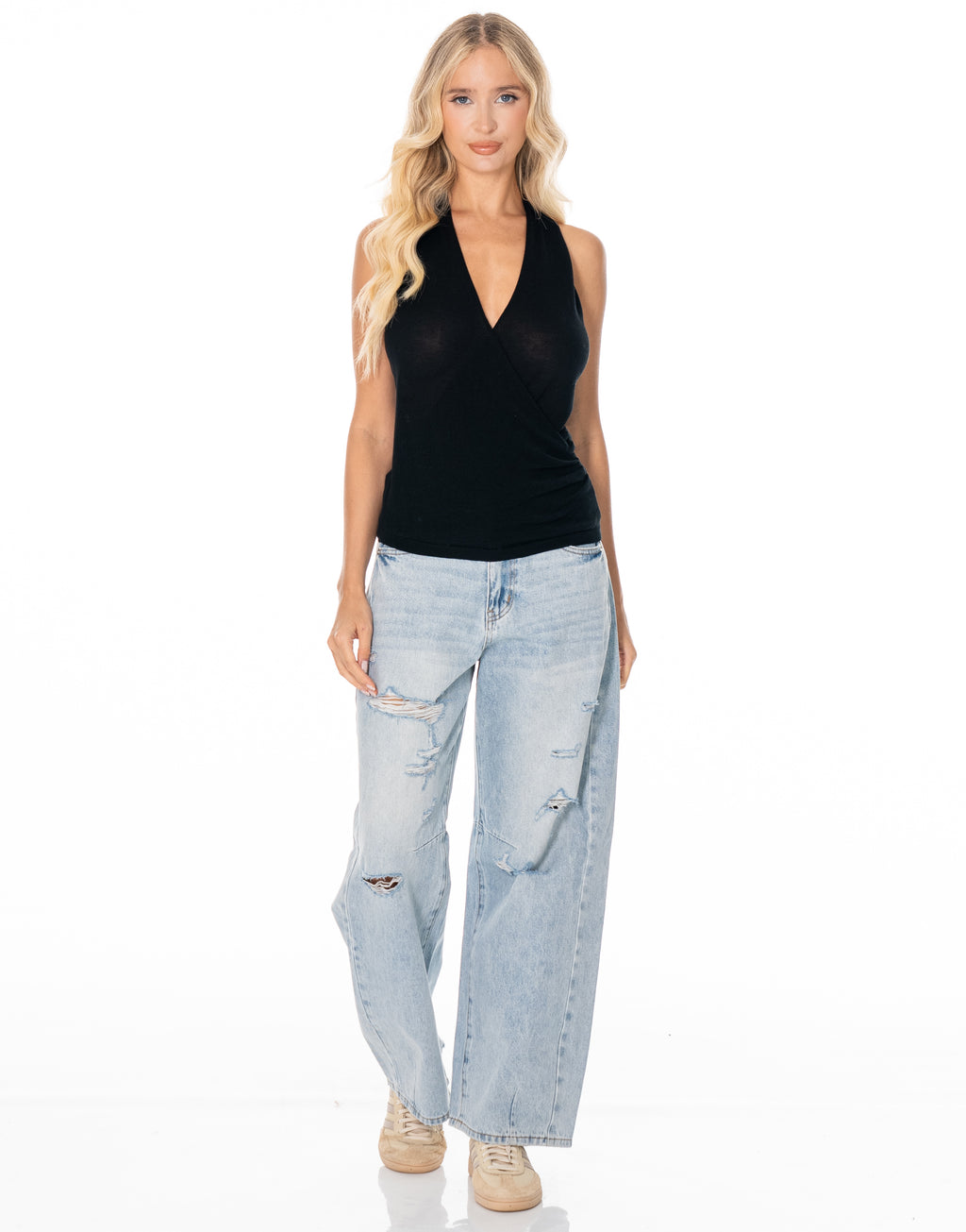 Sleeveless Surplice Halter Knit Top - Black