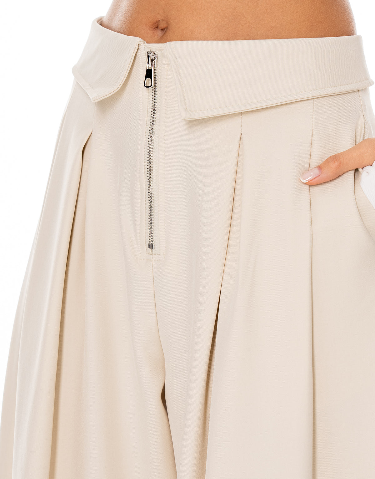 Fold Over Zip Tapered Pants - Apricot
