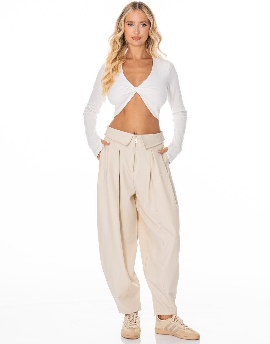 Fold Over Zip Tapered Pants - Apricot