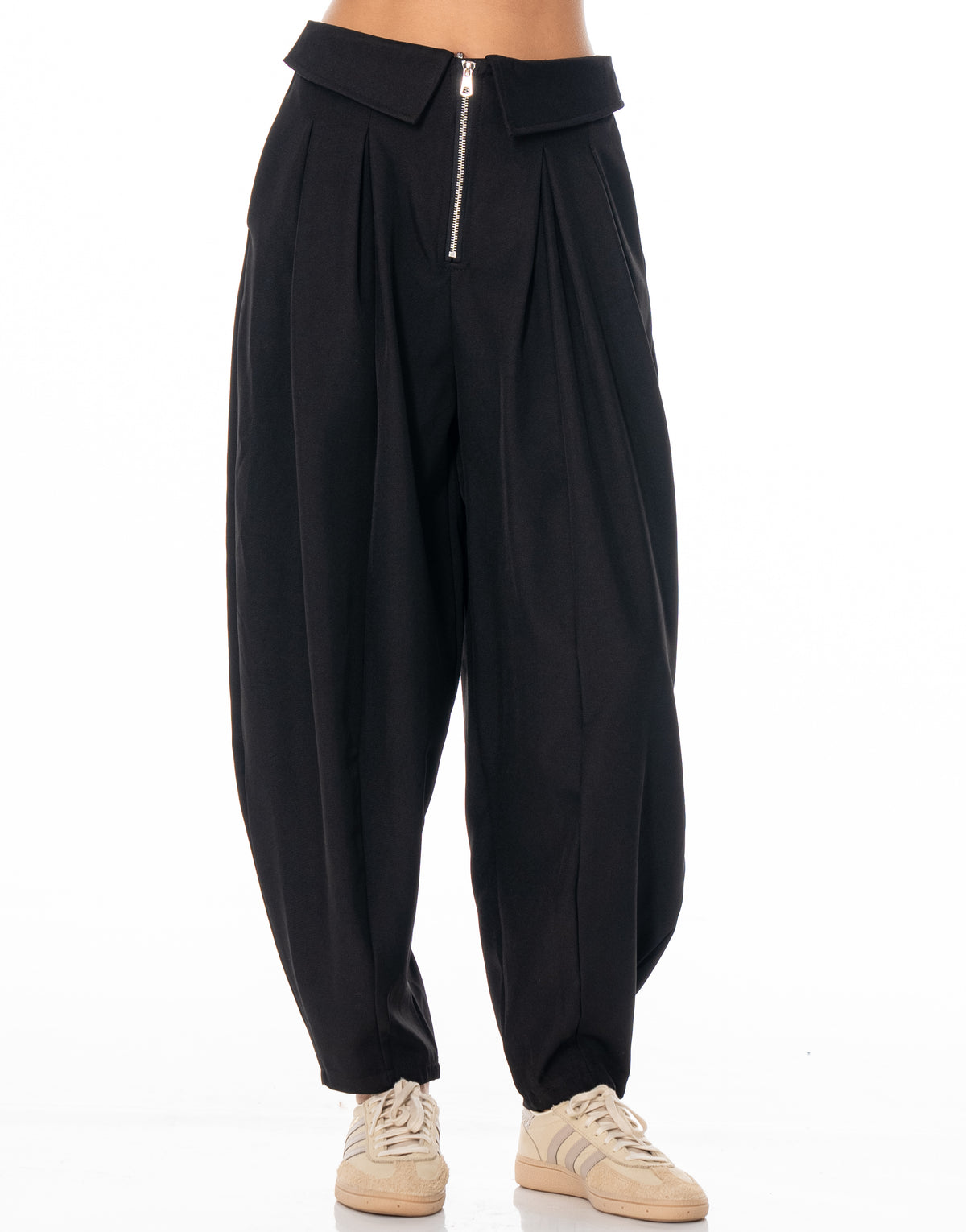 Fold Over Zip Tapered Pants - Black