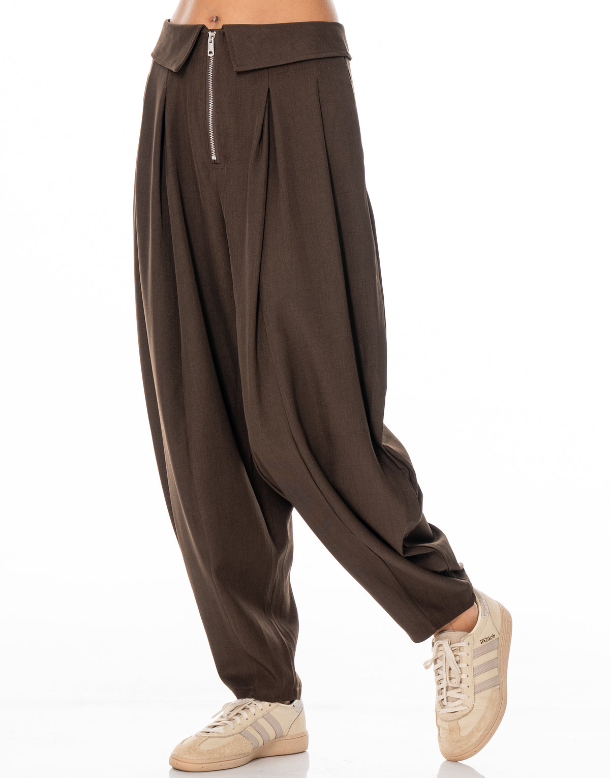 Fold Over Zip Tapered Pants - Coffee