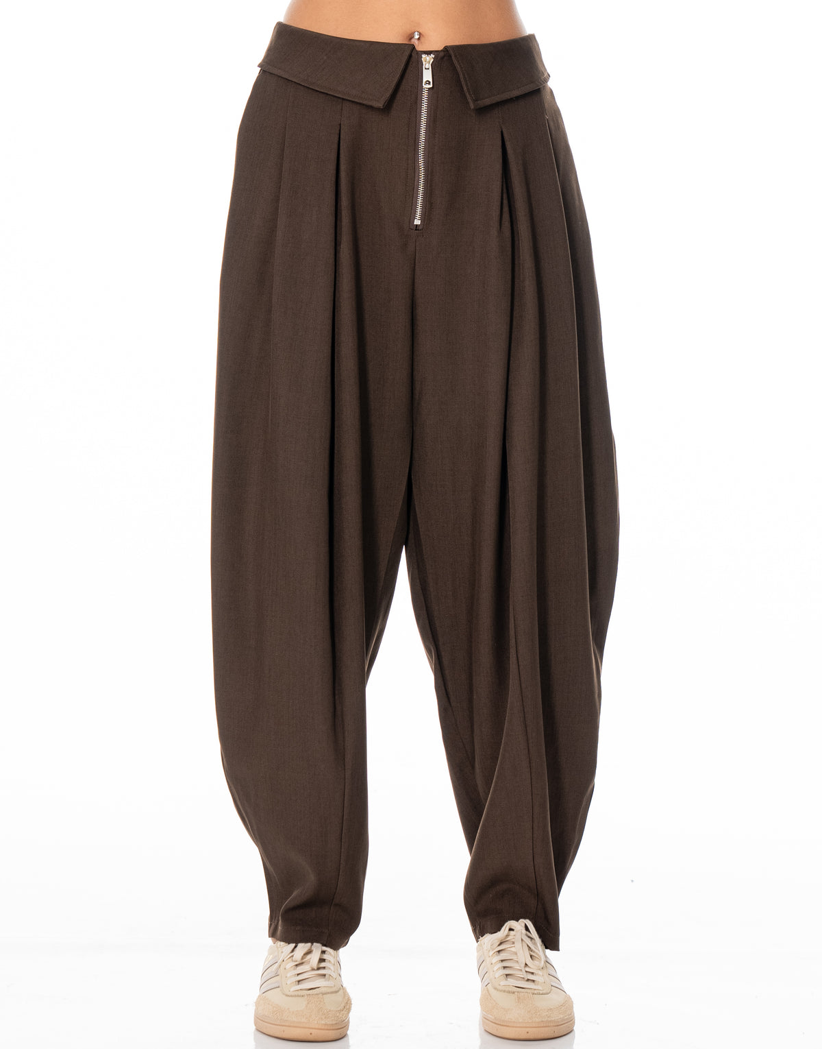 Fold Over Zip Tapered Pants - Coffee