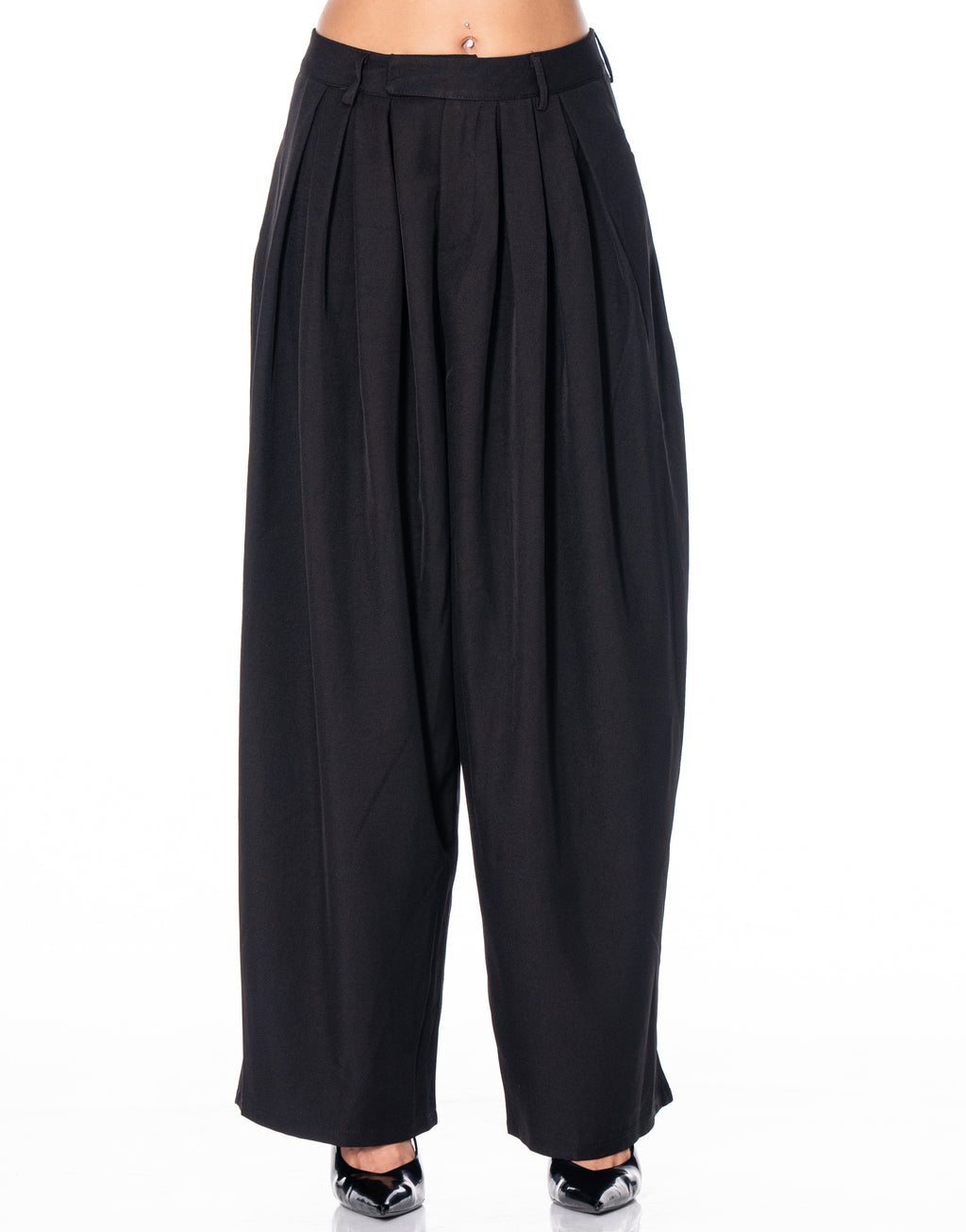 Pleated Wide Leg Trousers - Black