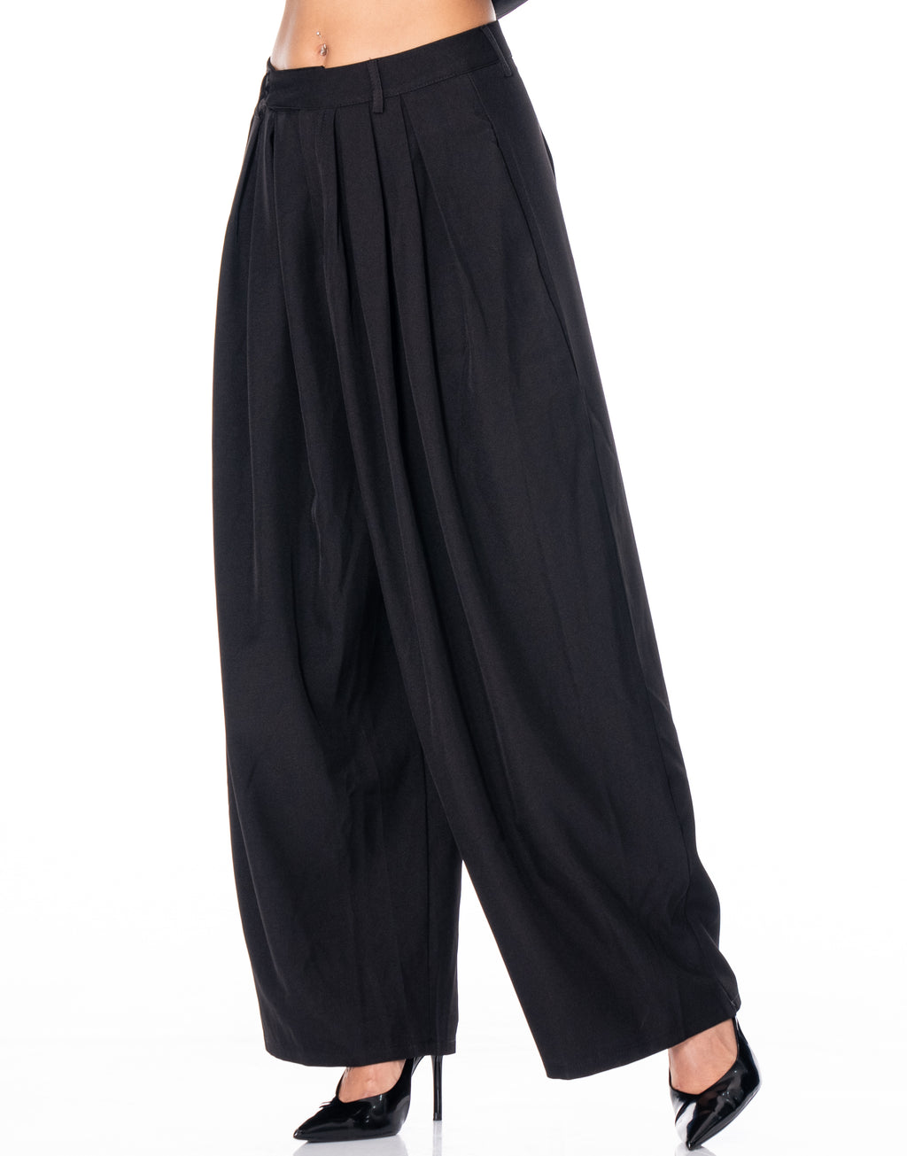 Pleated Wide Leg Trousers - Black