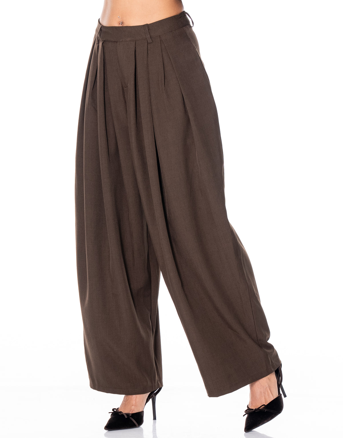 Pleated Wide Leg Trousers - Coffee