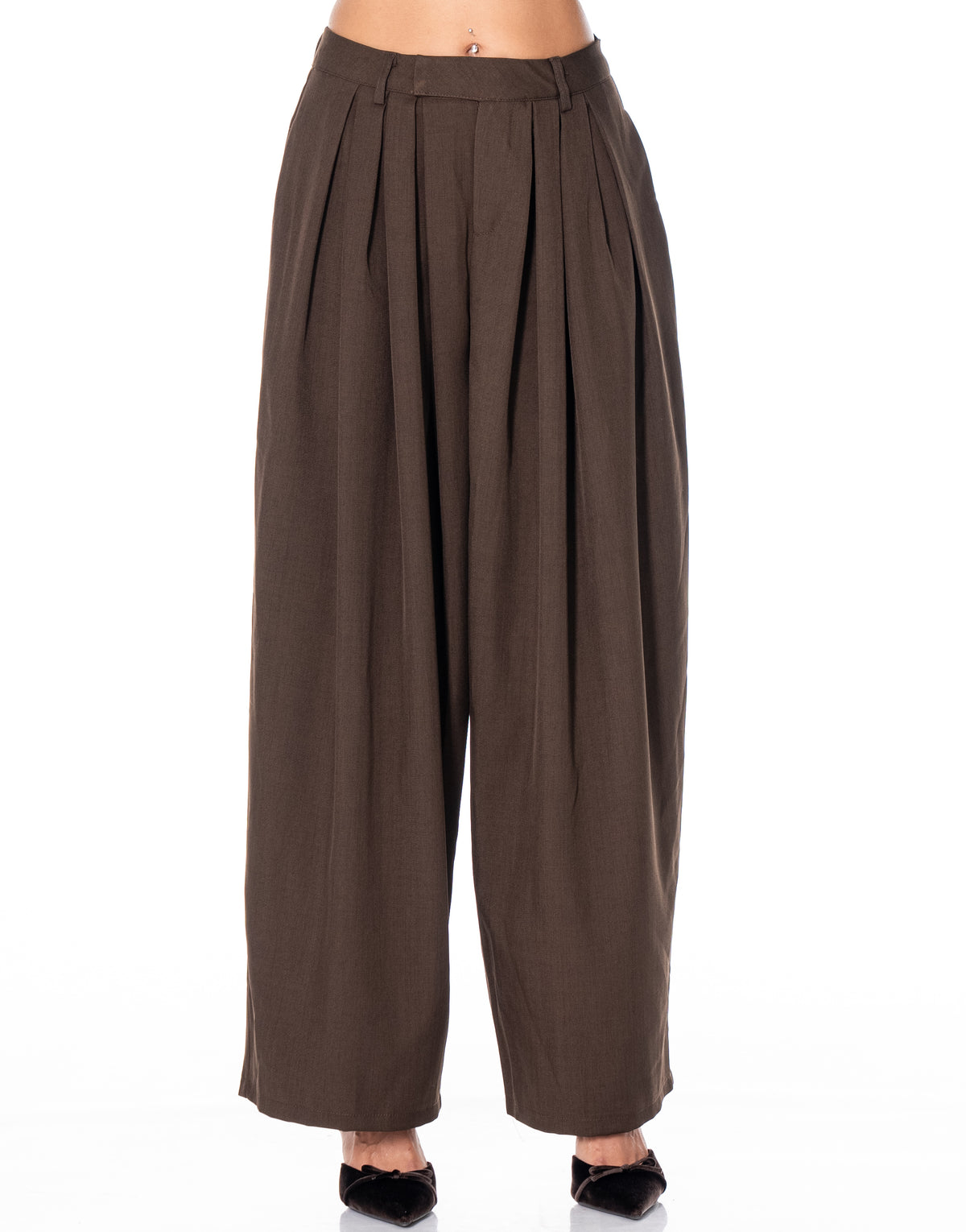 Pleated Wide Leg Trousers - Coffee