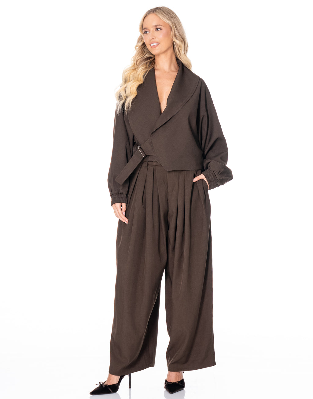 Pleated Wide Leg Trousers - Coffee