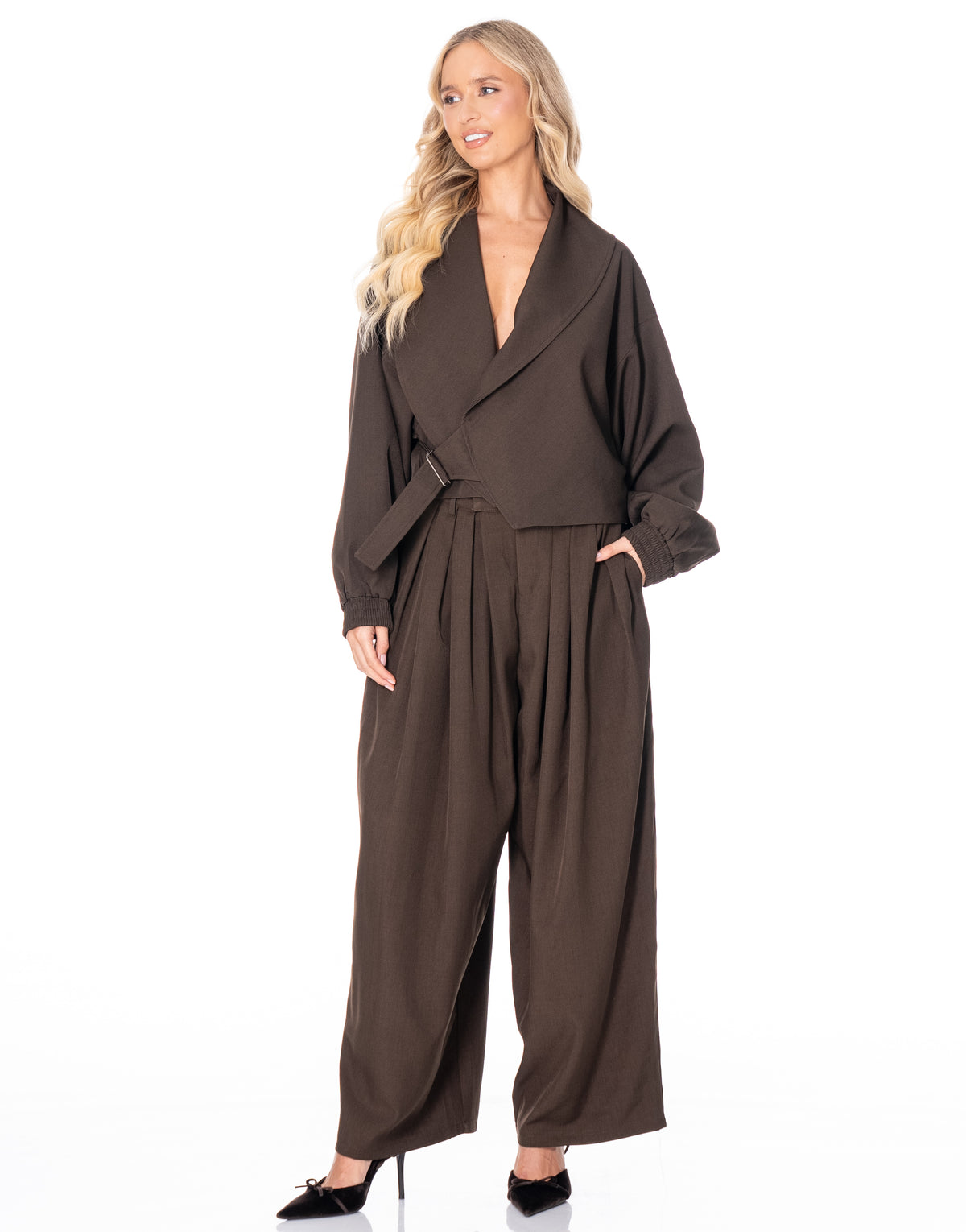 Pleated Wide Leg Trousers - Coffee