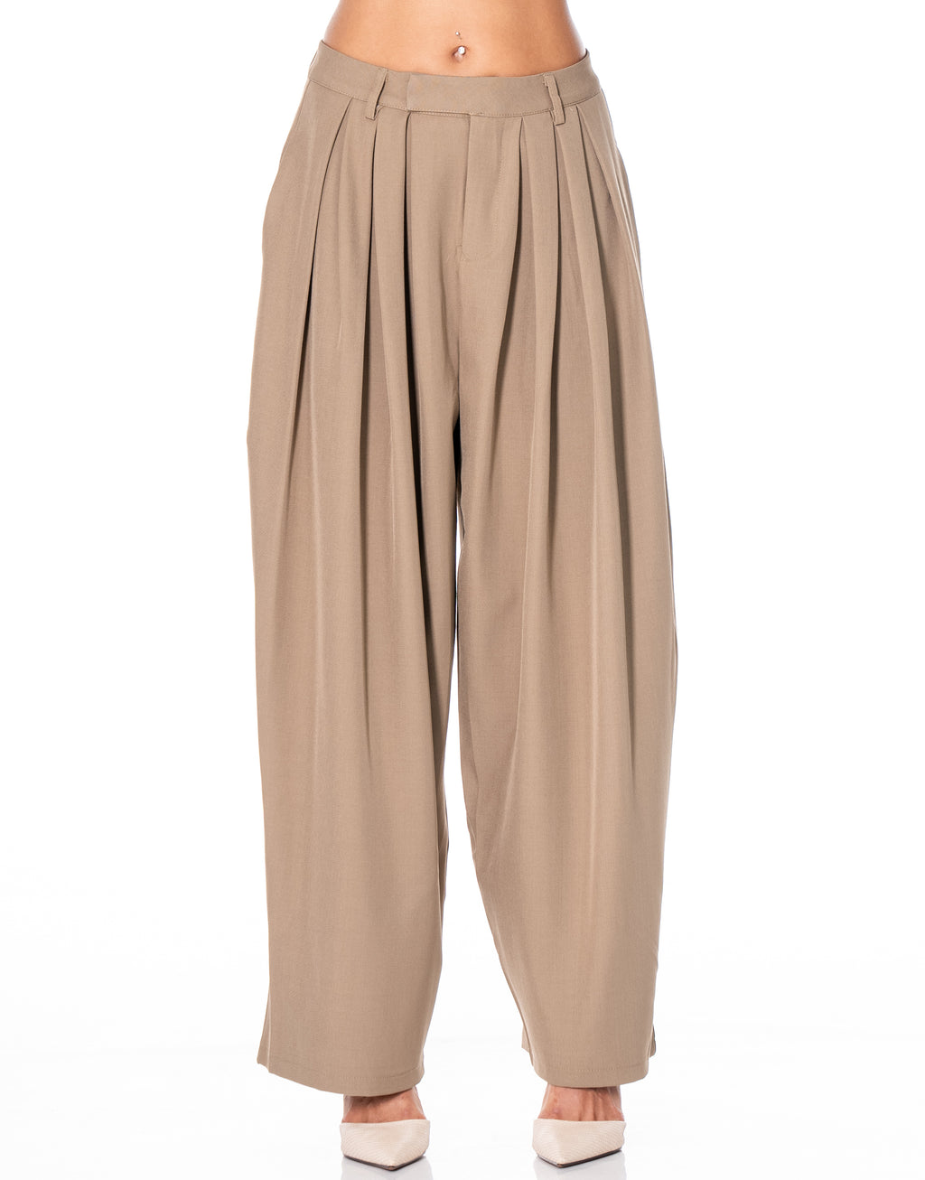Pleated Wide Leg Trousers - Khaki