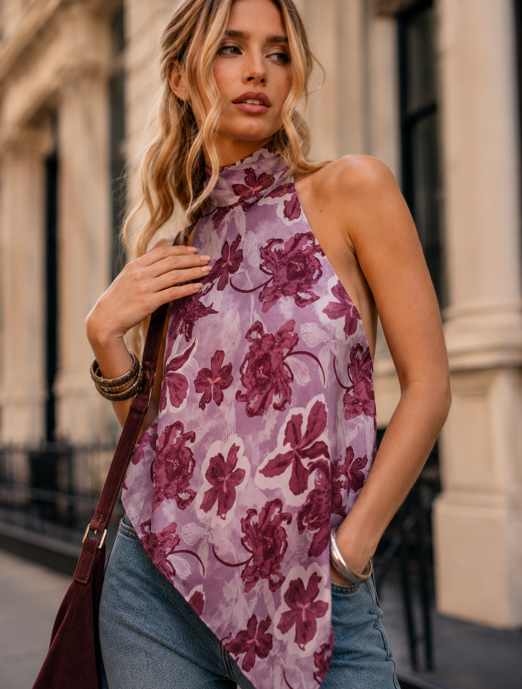 Sleeveless Floral Halter Top- Purple