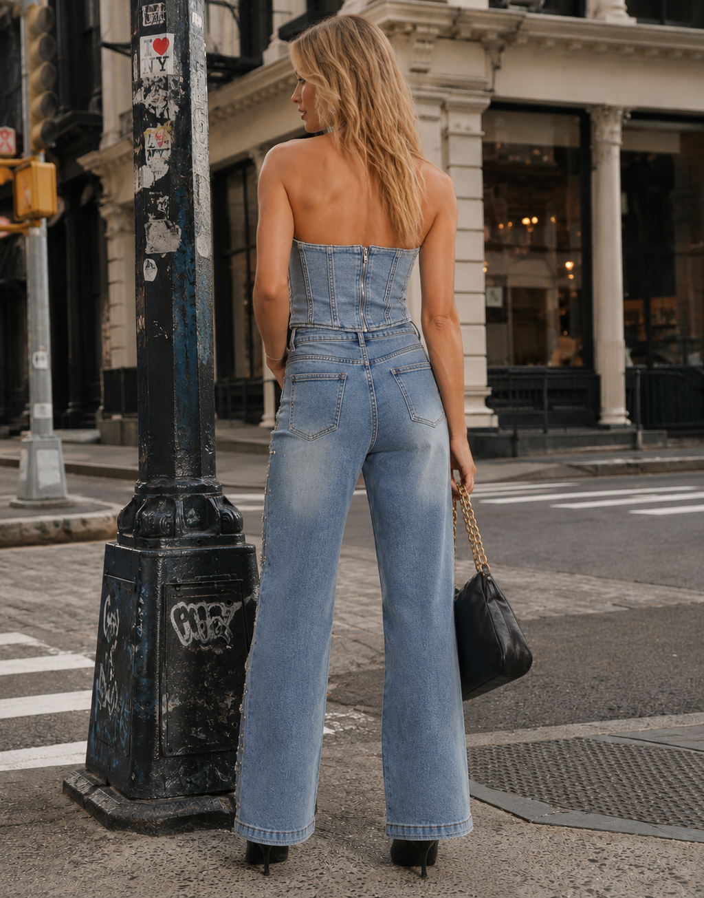 Strapless Denim Corset Top And Jean Set - Denim