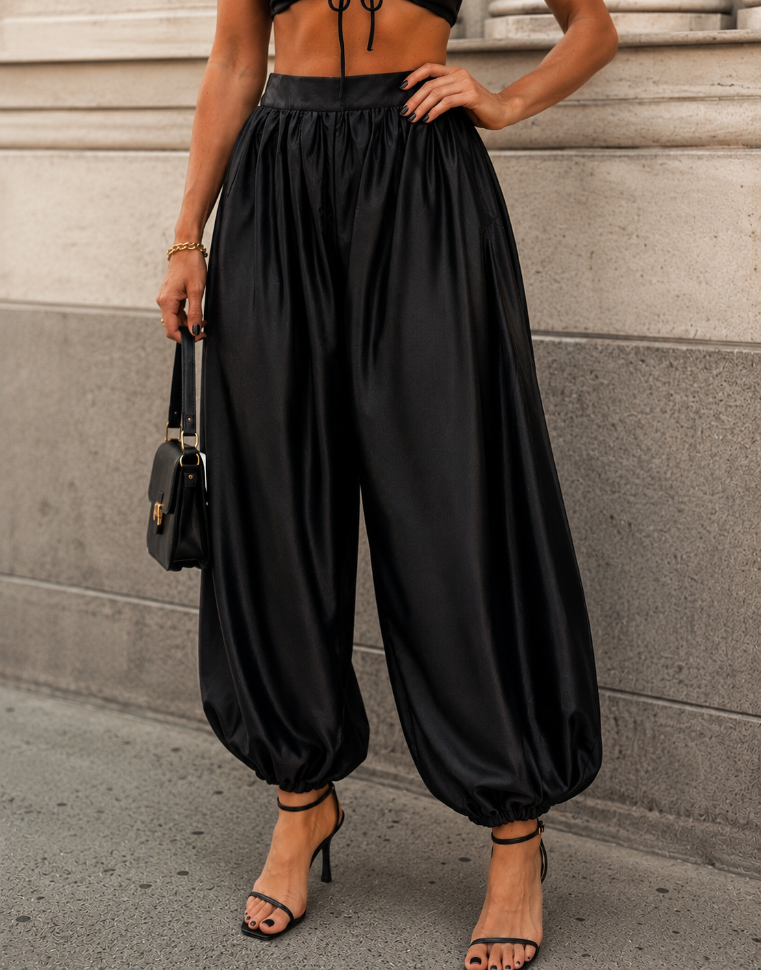 Satin Halter Drape Two-Piece - Black