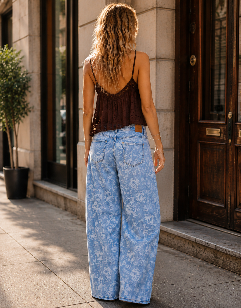 Floral Wide-Leg Denim Jeans - Denim