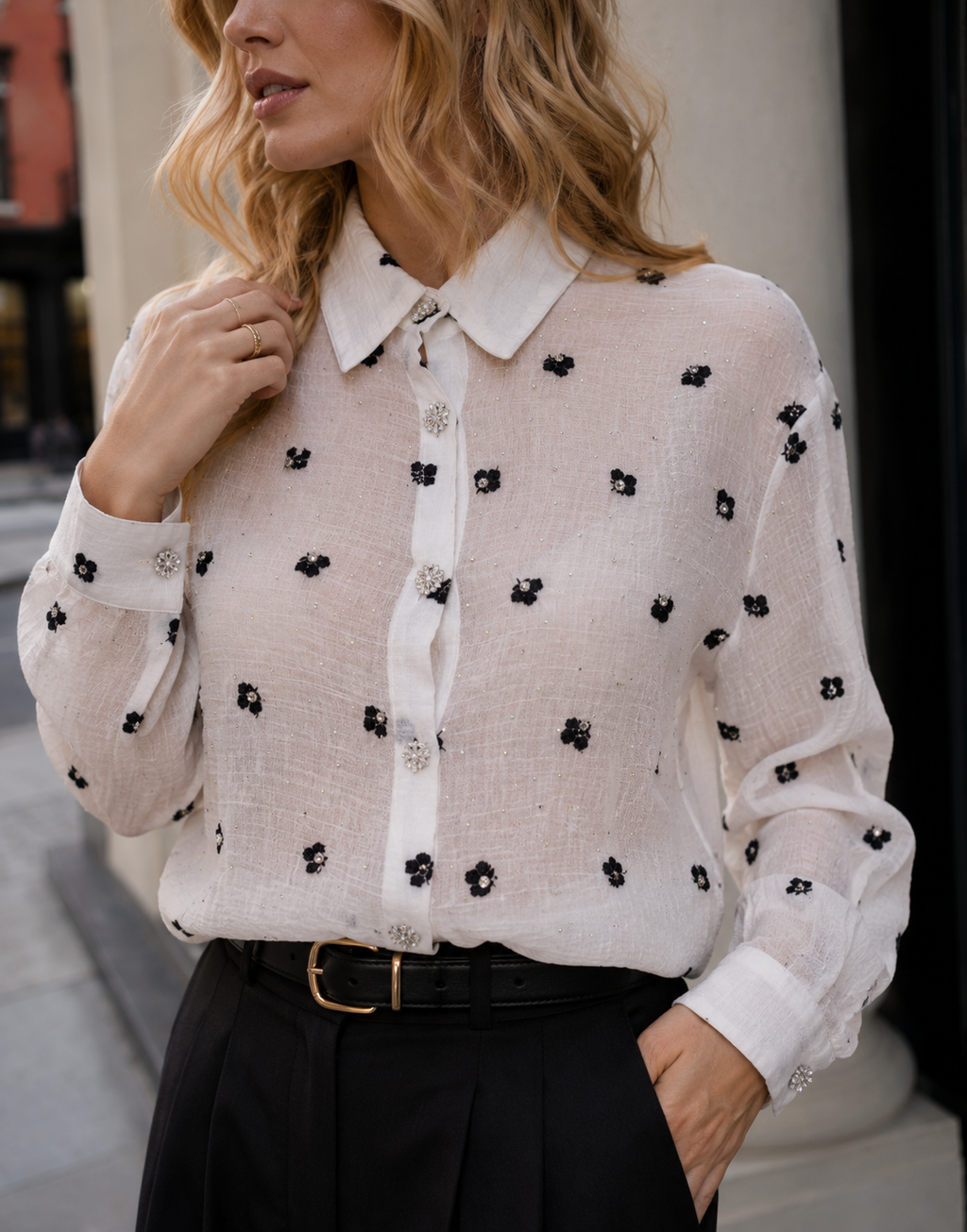 Sheer Floral Button-Down - White
