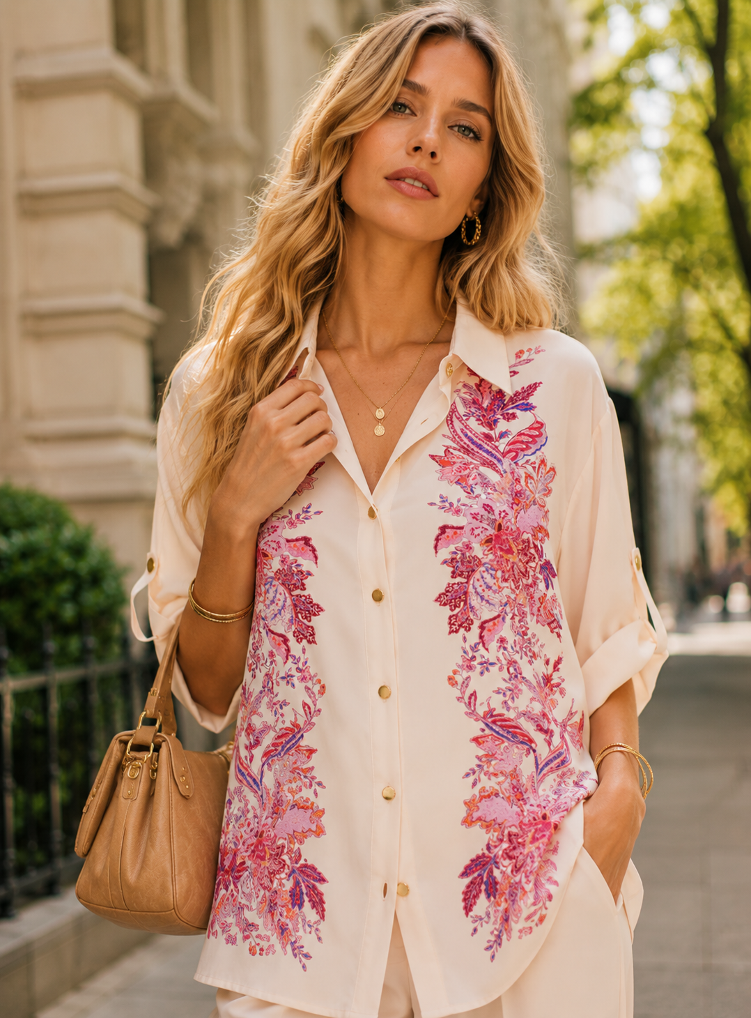 Two Piece Set With A Button Up Shirt and Wide Leg Pants - Pink