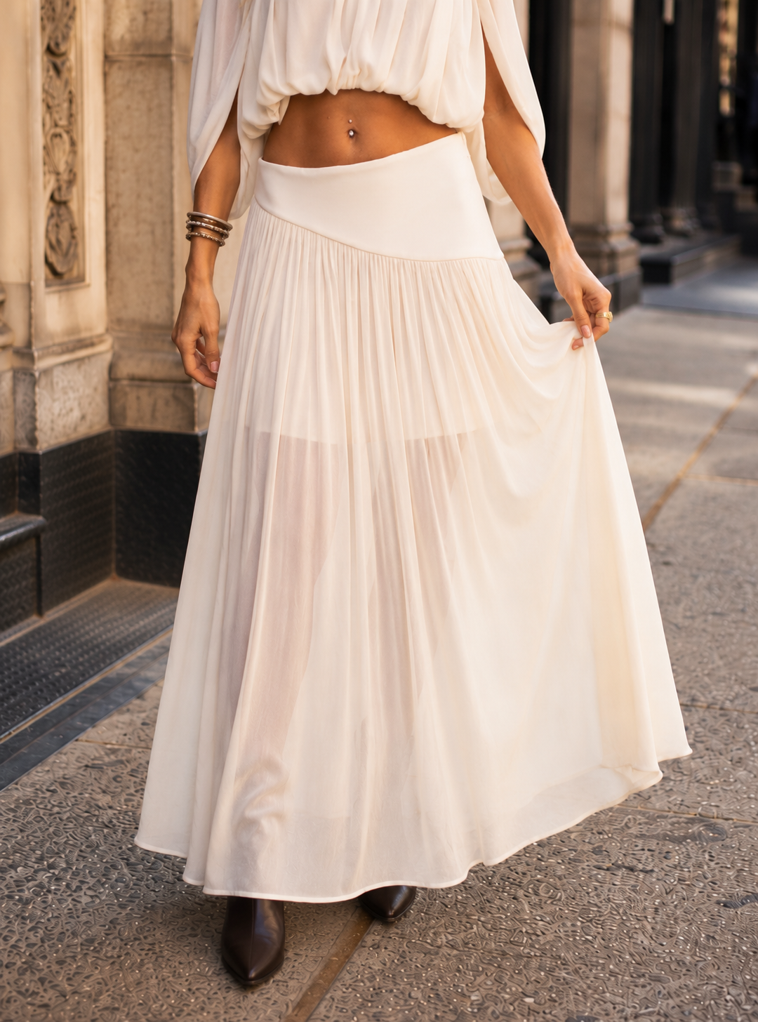 Chiffon Top and Maxi Skirt Set - Beige