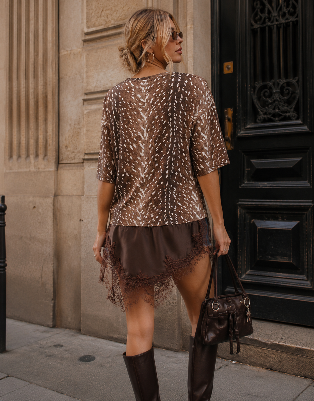 Fawn Print Lace Hem Tee - Brown